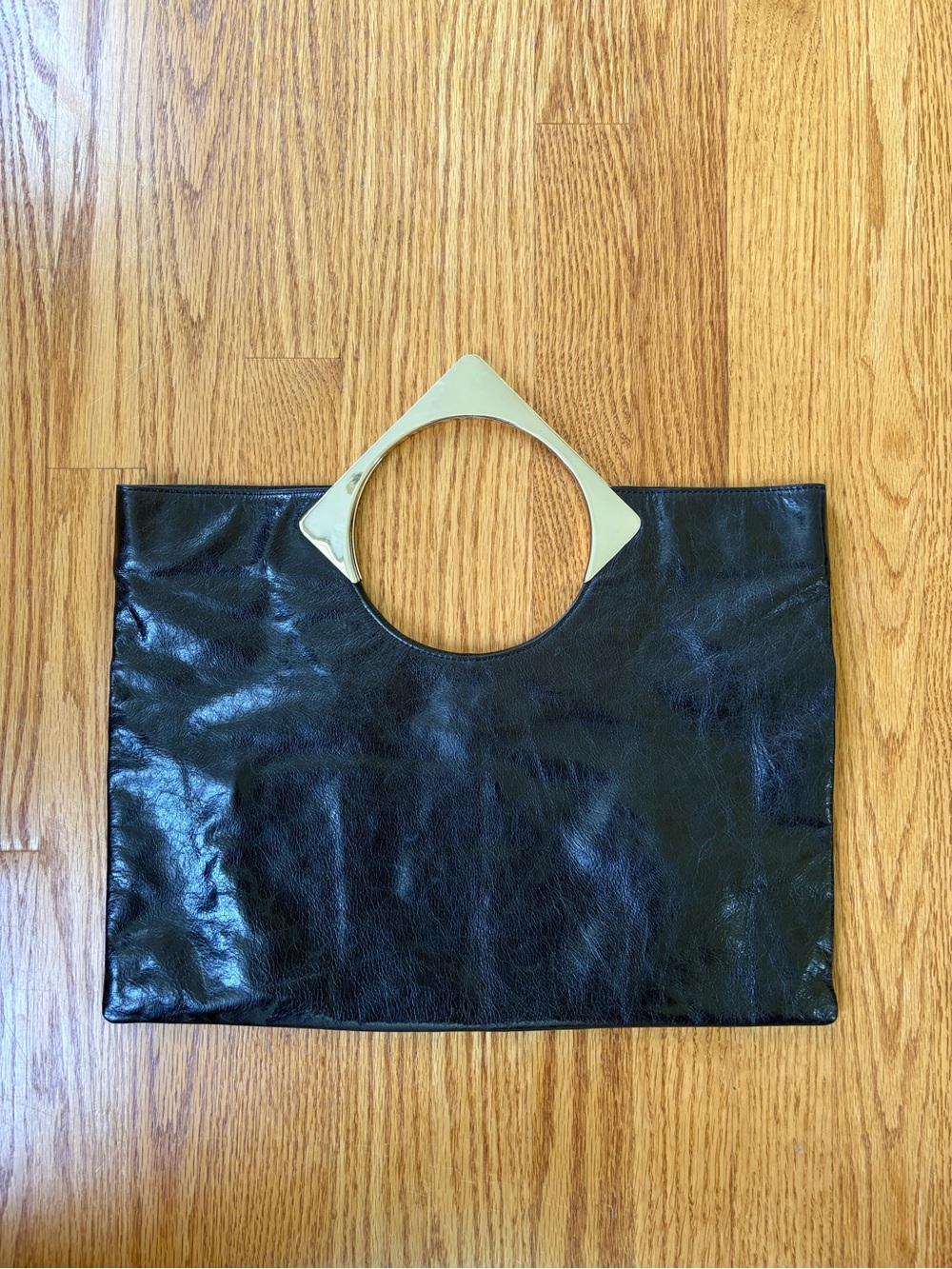 Vintage Liz Claiborne Black Leather Large Clutch with Gold Accent Handles